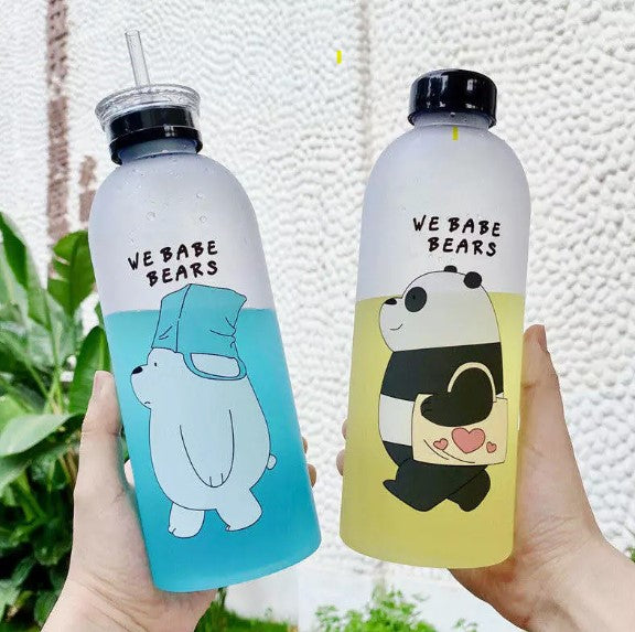 Water Bottles Cute Panda Bear Cup 1000ml with Straw Transparent Cartoon Water Bottle Drinkware Frosted Leak-proof Protein Shake