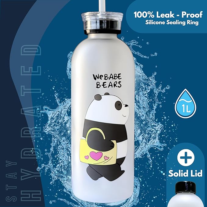Water Bottles Cute Panda Bear Cup 1000ml with Straw Transparent Cartoon Water Bottle Drinkware Frosted Leak-proof Protein Shake