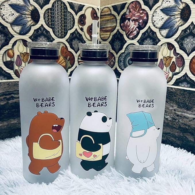 Water Bottles Cute Panda Bear Cup 1000ml with Straw Transparent Cartoon Water Bottle Drinkware Frosted Leak-proof Protein Shake