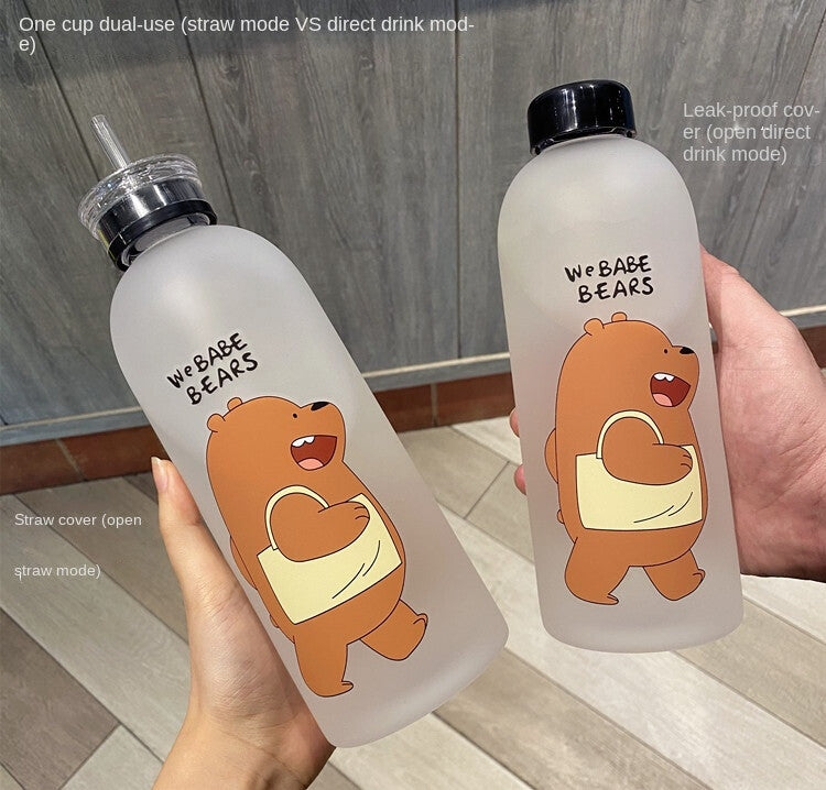 Water Bottles Cute Panda Bear Cup 1000ml with Straw Transparent Cartoon Water Bottle Drinkware Frosted Leak-proof Protein Shake