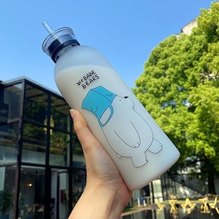 Water Bottles Cute Panda Bear Cup 1000ml with Straw Transparent Cartoon Water Bottle Drinkware Frosted Leak-proof Protein Shake
