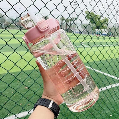 2L Portable Water Bottle Large Capacity Plastic Straw Water Cup Drink Bottle With Time Marker For Outdoor Sports Fitness